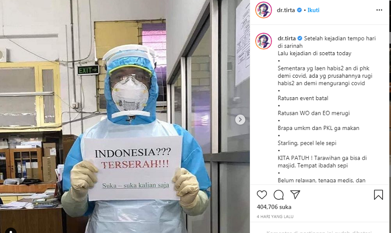Gegara Dokter Tirta, Tagar #IndonesiaTerserah Trending ? Ini Tanggapan Pemerintah