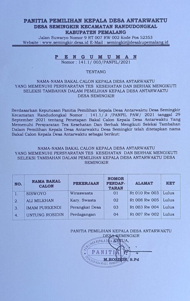 Surat Panitia PAW Desa Semingkir